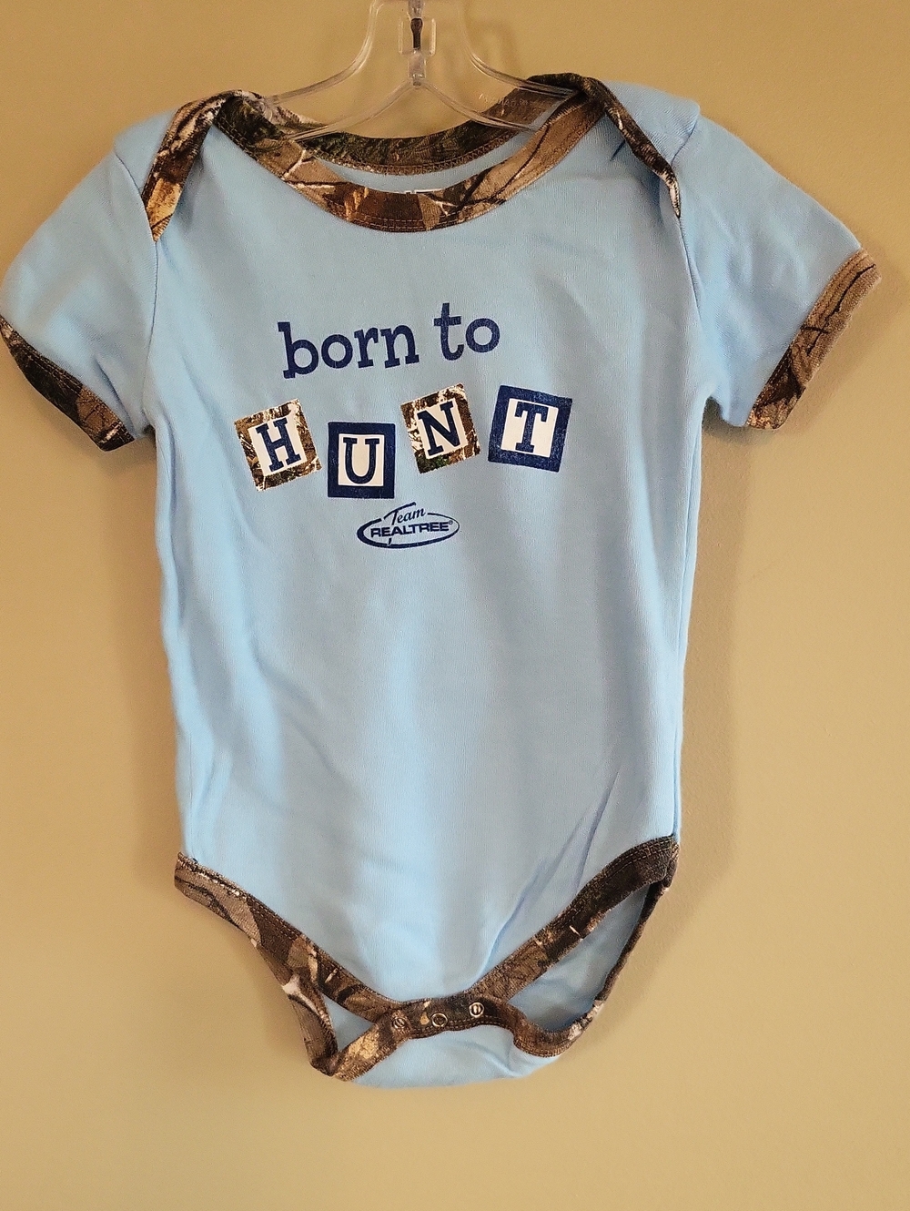 Realtree "Born To Hunt" light blue onesie/bodysuit